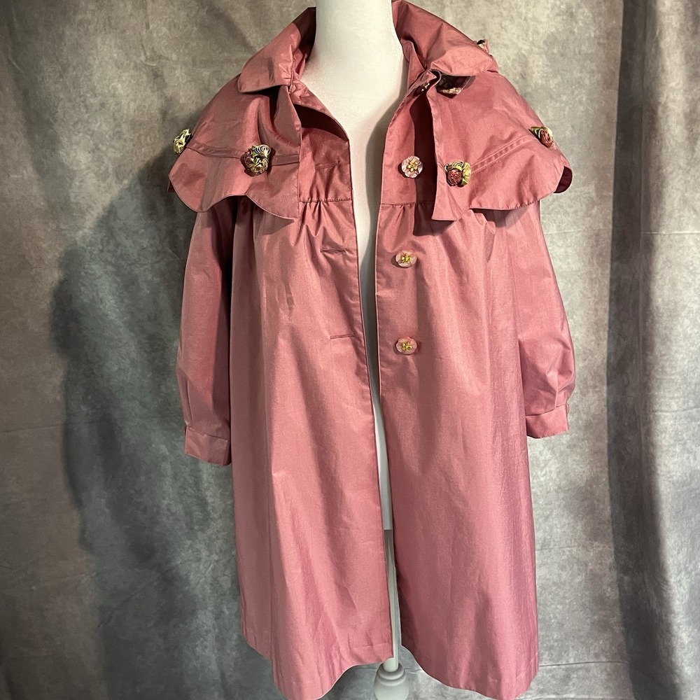 Giacca Young Gallery Vintage Pink Girls 7 Raincoat Rosettes Shiny Capelet Hood‎